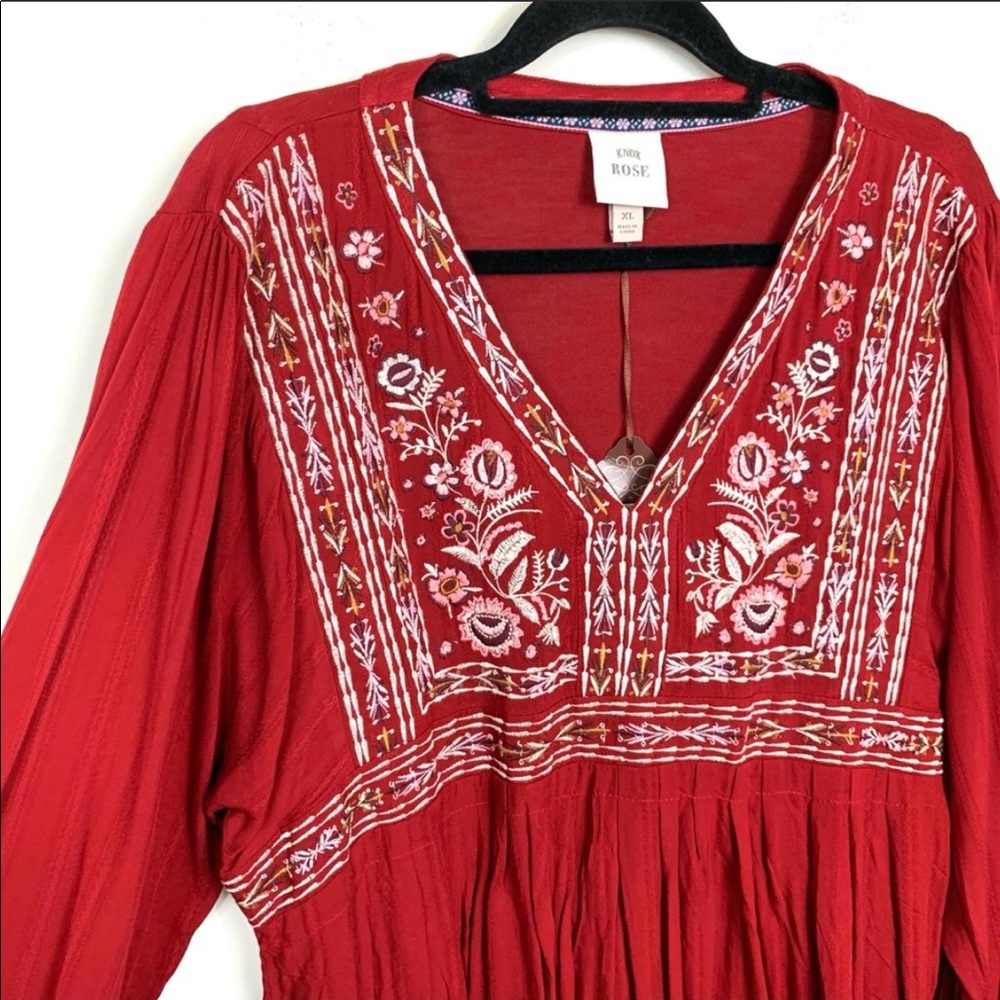 NWT Knox Rose Long Sleeve Embroidered Knit Top Red XL Boho Blouse